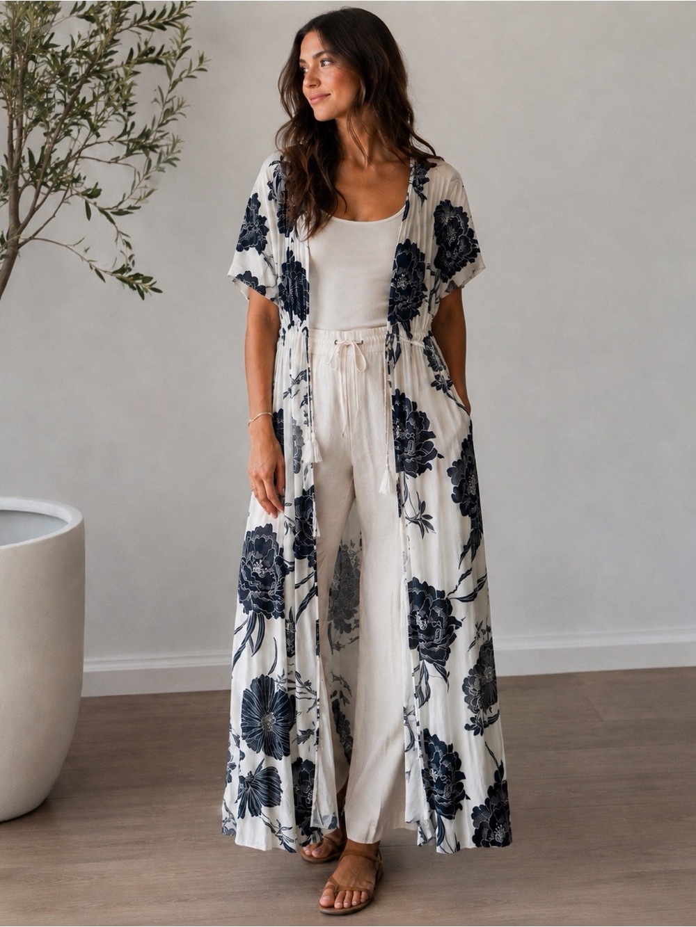 Women’s White Maxi Duster With Blue Floral Print